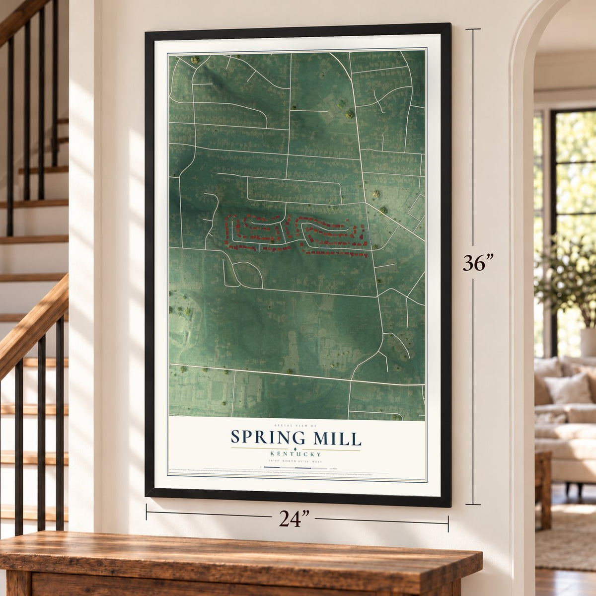 Spring Mill, Kentucky map, 24 x 36 inch print in a black frame by a staircase