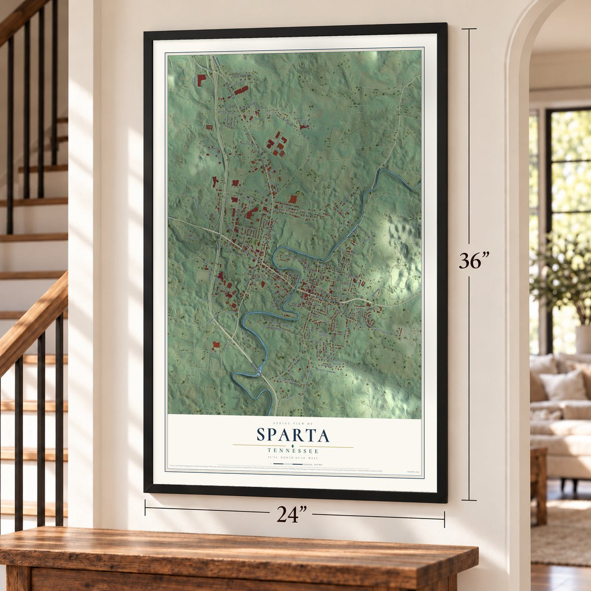 Sparta, Tennessee map, 24 x 36 inch print in a black frame by a staircase