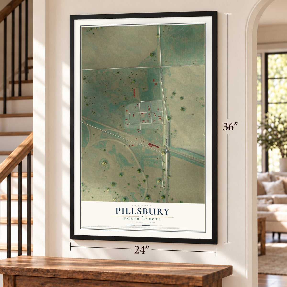 Pillsbury, North Dakota map, 24 x 36 inch print in a black frame by a staircase