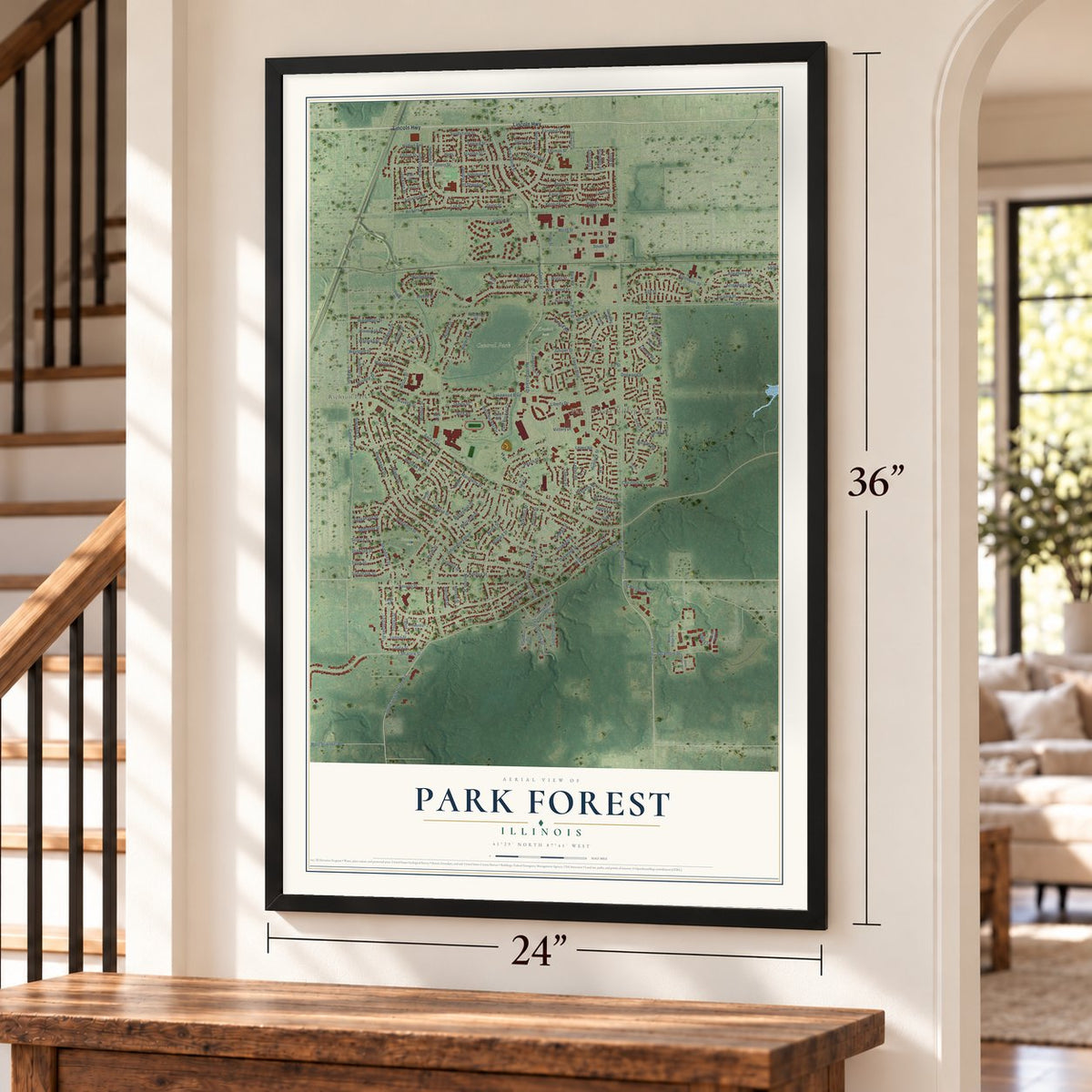 Park Forest, Illinois map, 24 x 36 inch print in a black frame by a staircase