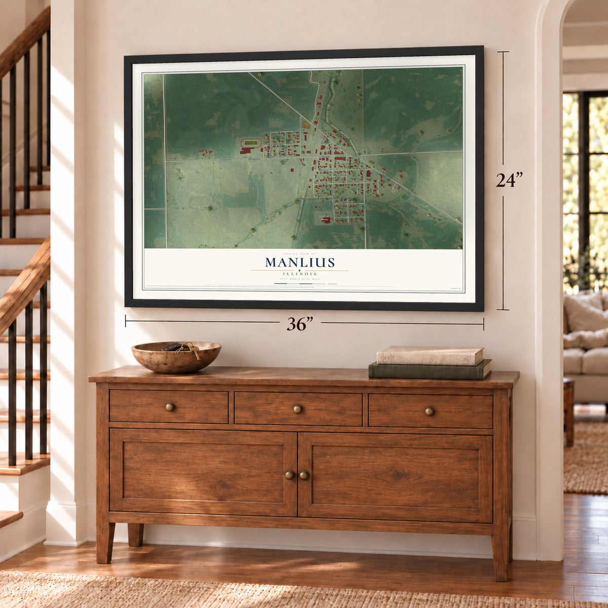 Manlius, Illinois map, 24 x 36 inch print in a black frame above a dresser by a staircase