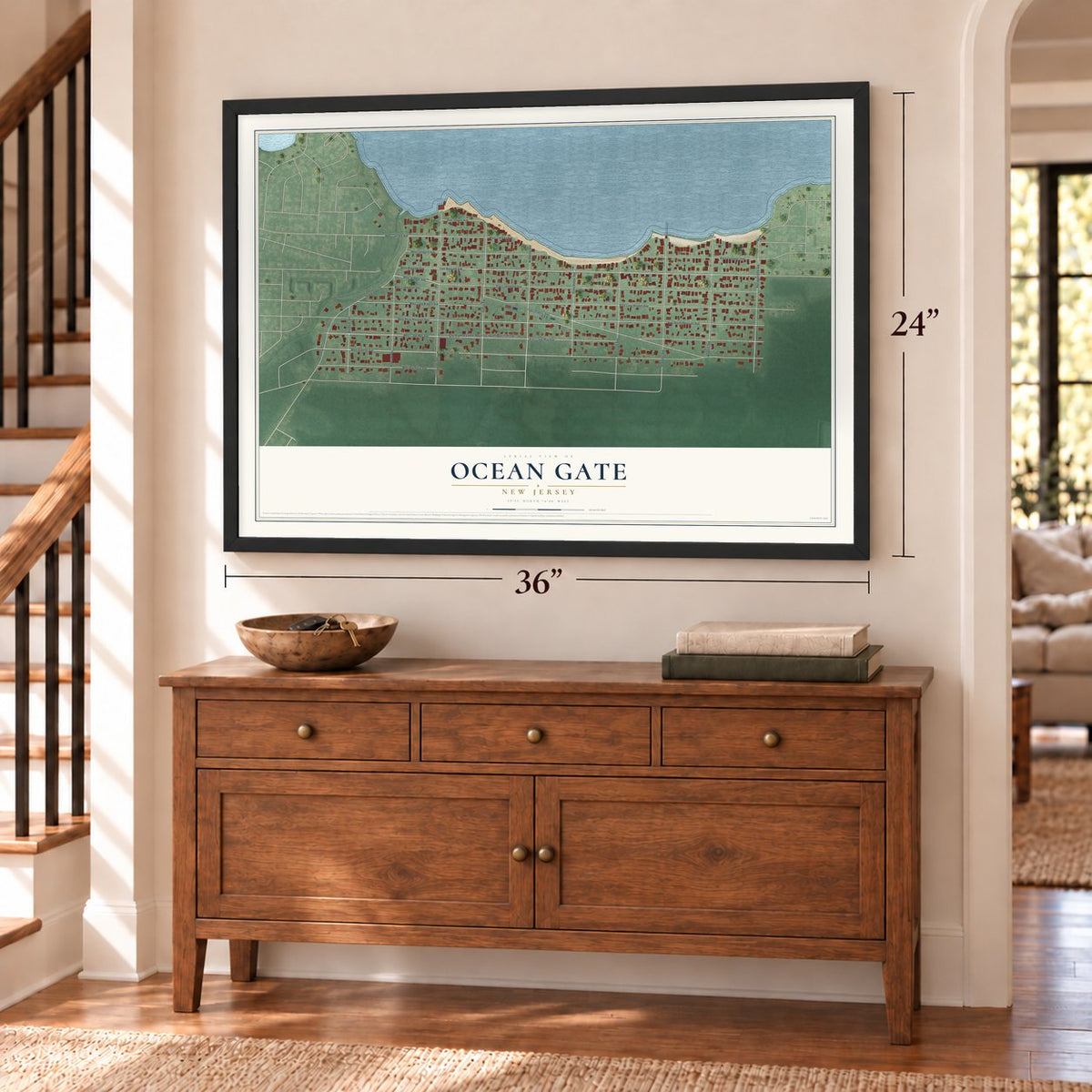 Ocean Gate, New Jersey map, 24 x 36 inch print in a black frame above a dresser by a staircase