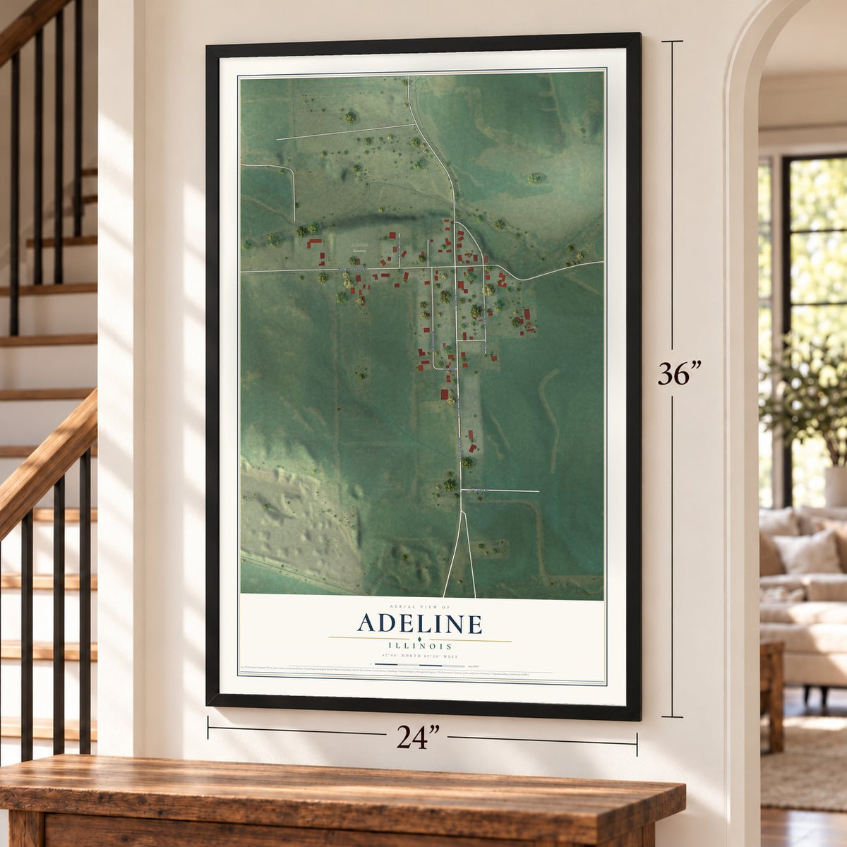 Adeline, Illinois map, 24 x 36 inch print in a black frame by a staircase