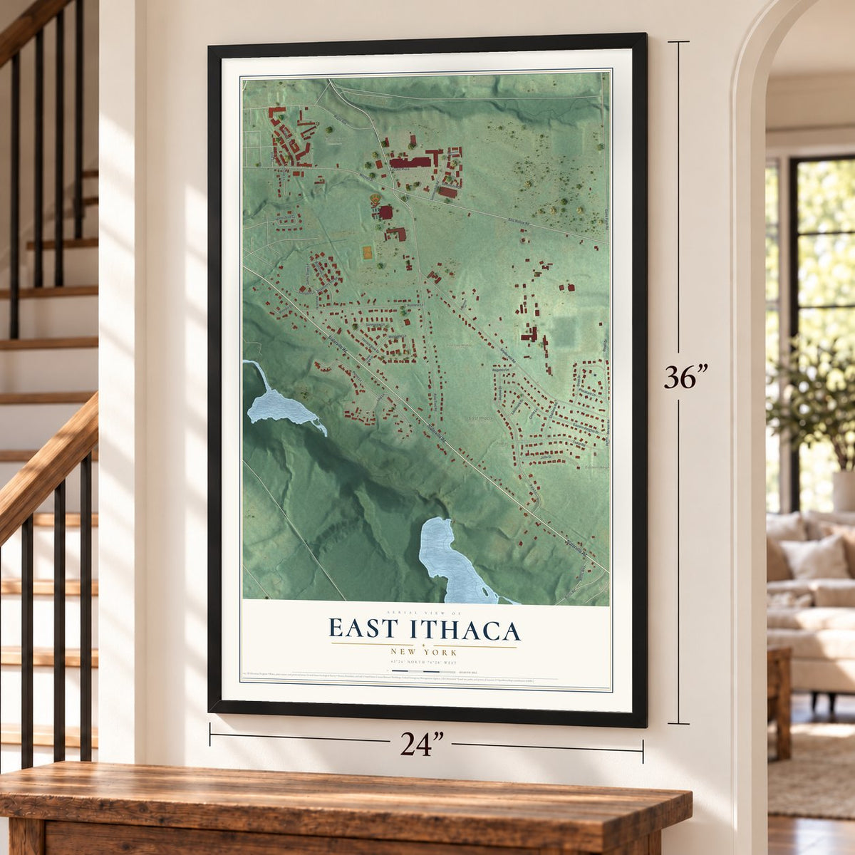 East Ithaca, New York map, 24 x 36 inch print in a black frame by a staircase