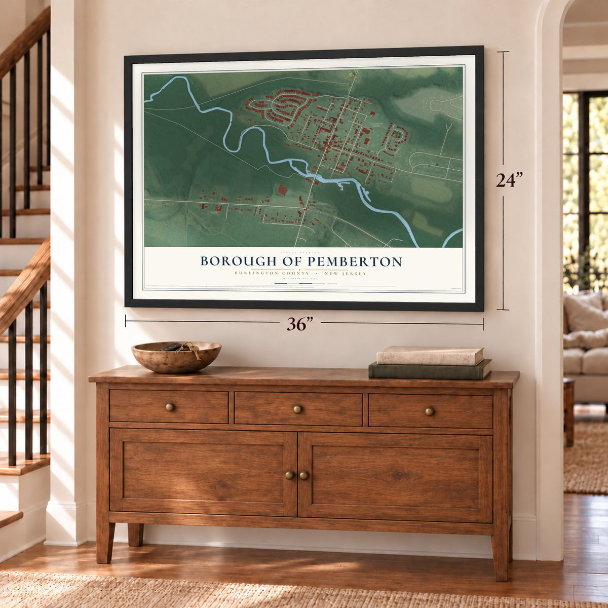Borough of Pemberton, Burlington County, New Jersey map, 24 x 36 inch print in a black frame above a dresser by a staircase
