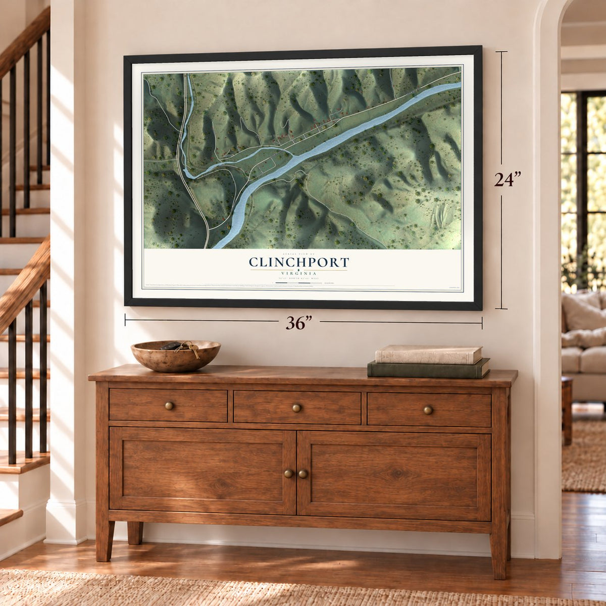 Clinchport, Virginia map, 24 x 36 inch print in a black frame above a dresser by a staircase