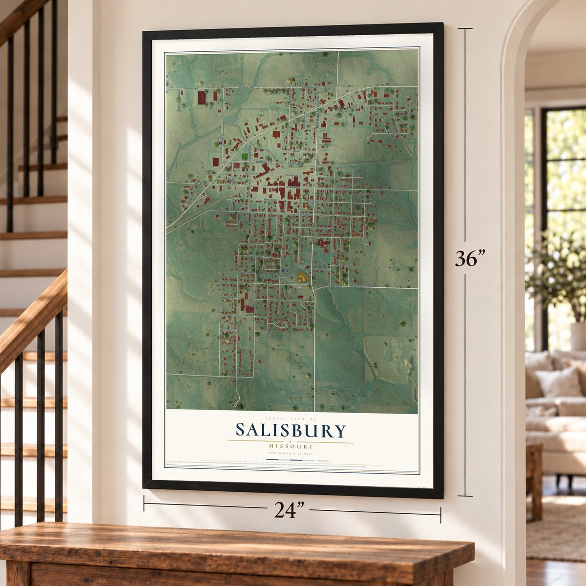 Salisbury, Missouri map, 24 x 36 inch print in a black frame by a staircase