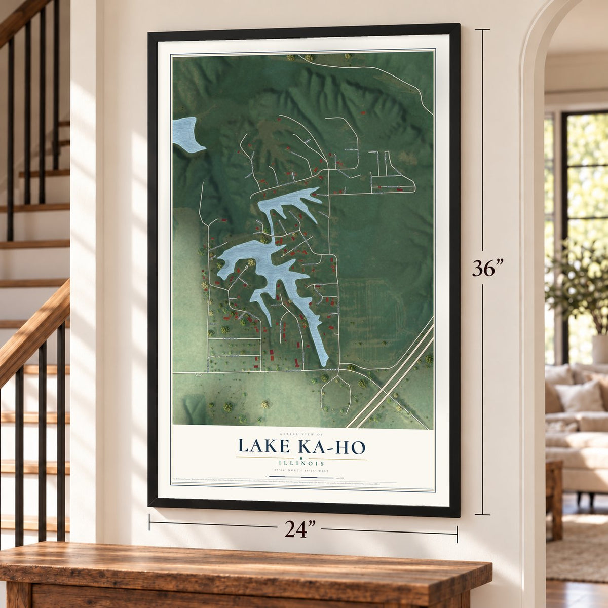 Lake Ka-Ho, Illinois map, 24 x 36 inch print in a black frame by a staircase