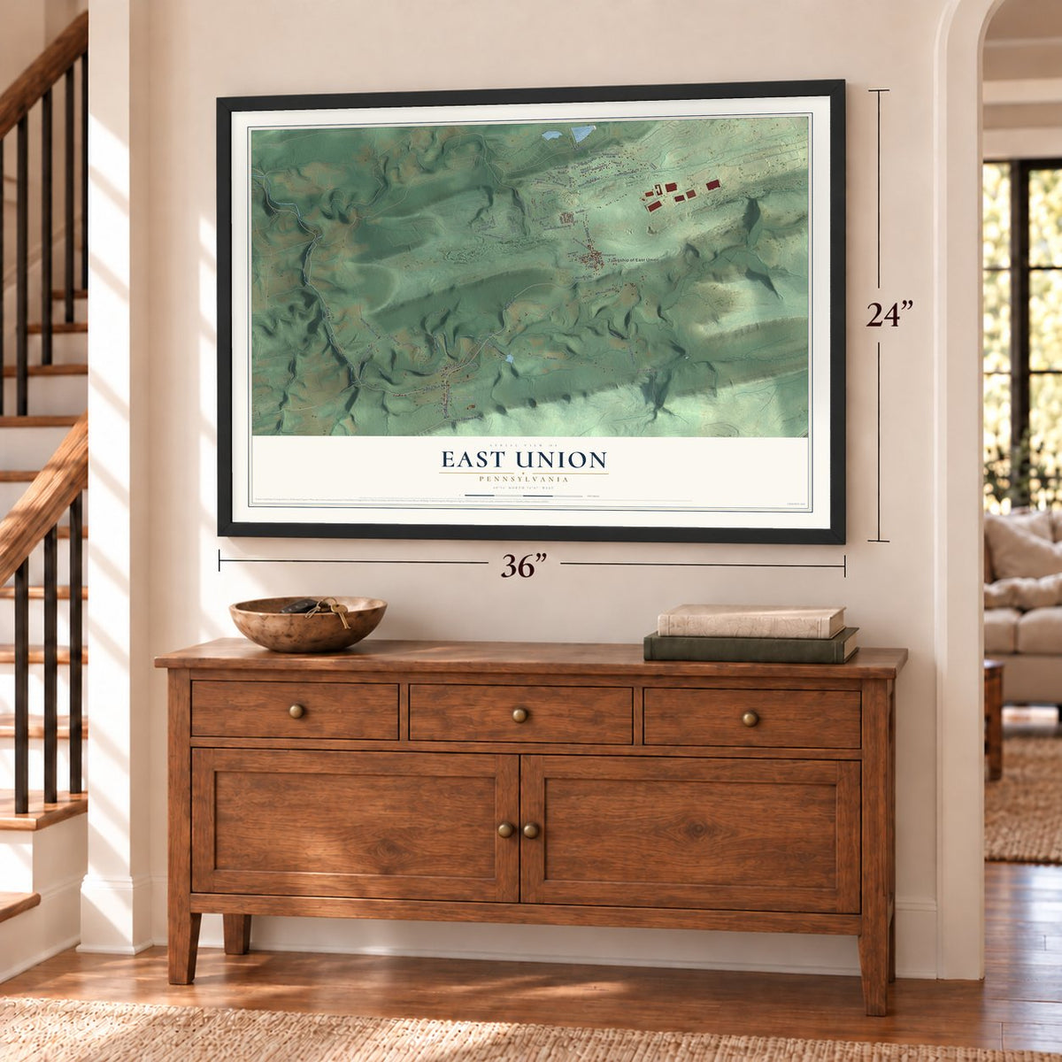 East Union, Pennsylvania map, 24 x 36 inch print in a black frame above a dresser by a staircase