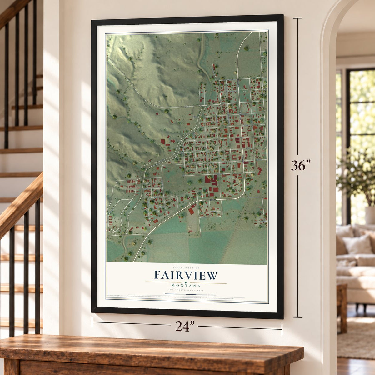 Fairview, Montana map, 24 x 36 inch print in a black frame by a staircase
