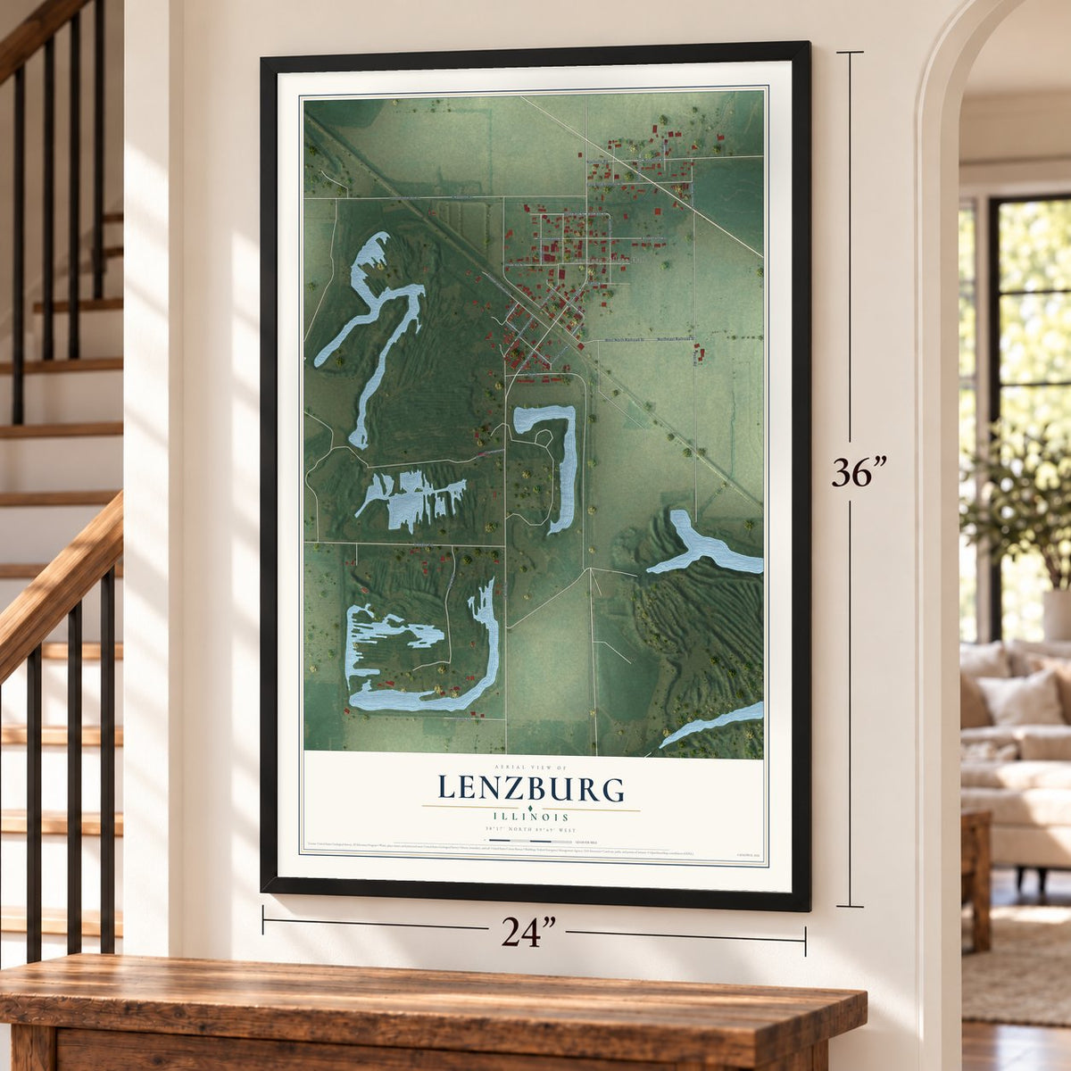 Lenzburg, Illinois map, 24 x 36 inch print in a black frame by a staircase