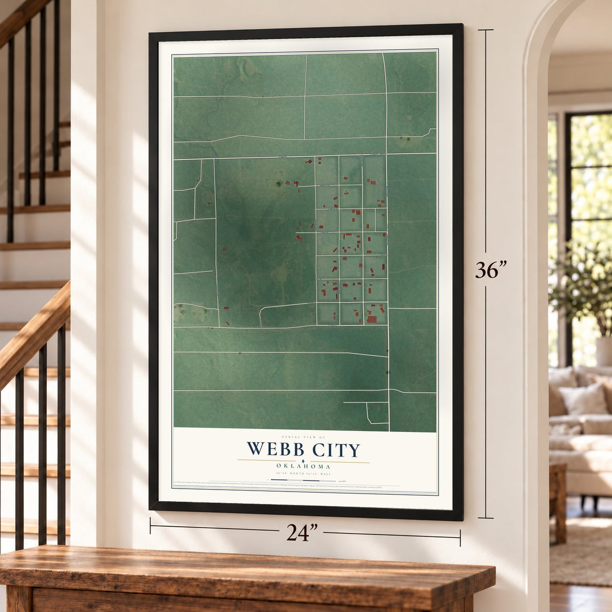Webb City, Oklahoma map, 24 x 36 inch print in a black frame by a staircase