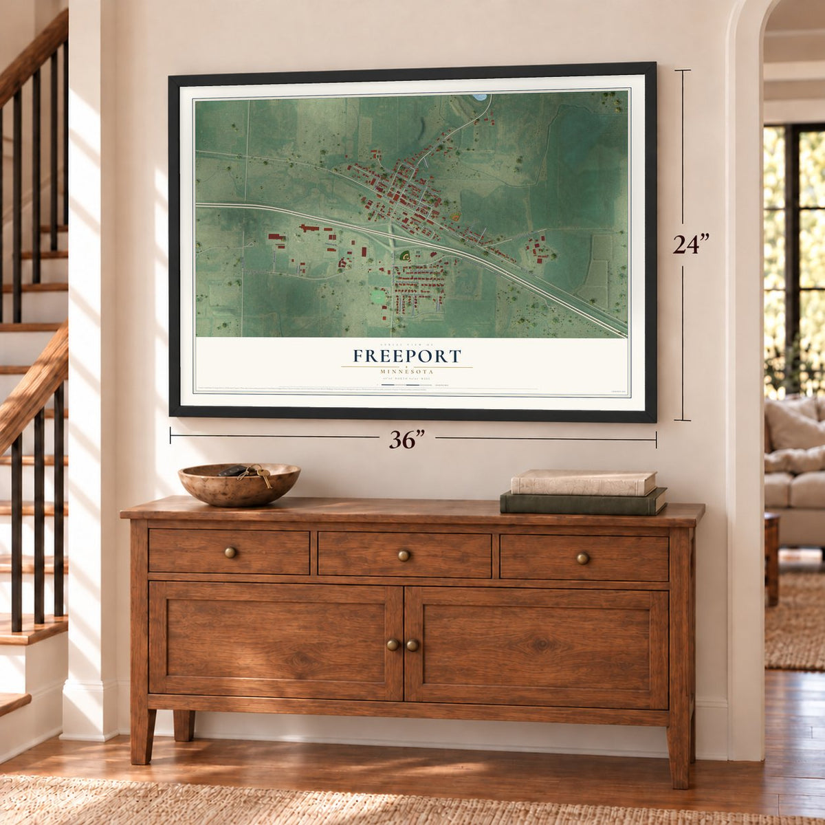 Freeport, Minnesota map, 24 x 36 inch print in a black frame above a dresser by a staircase