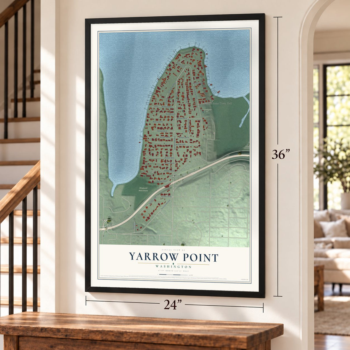 Yarrow Point, Washington map, 24 x 36 inch print in a black frame by a staircase