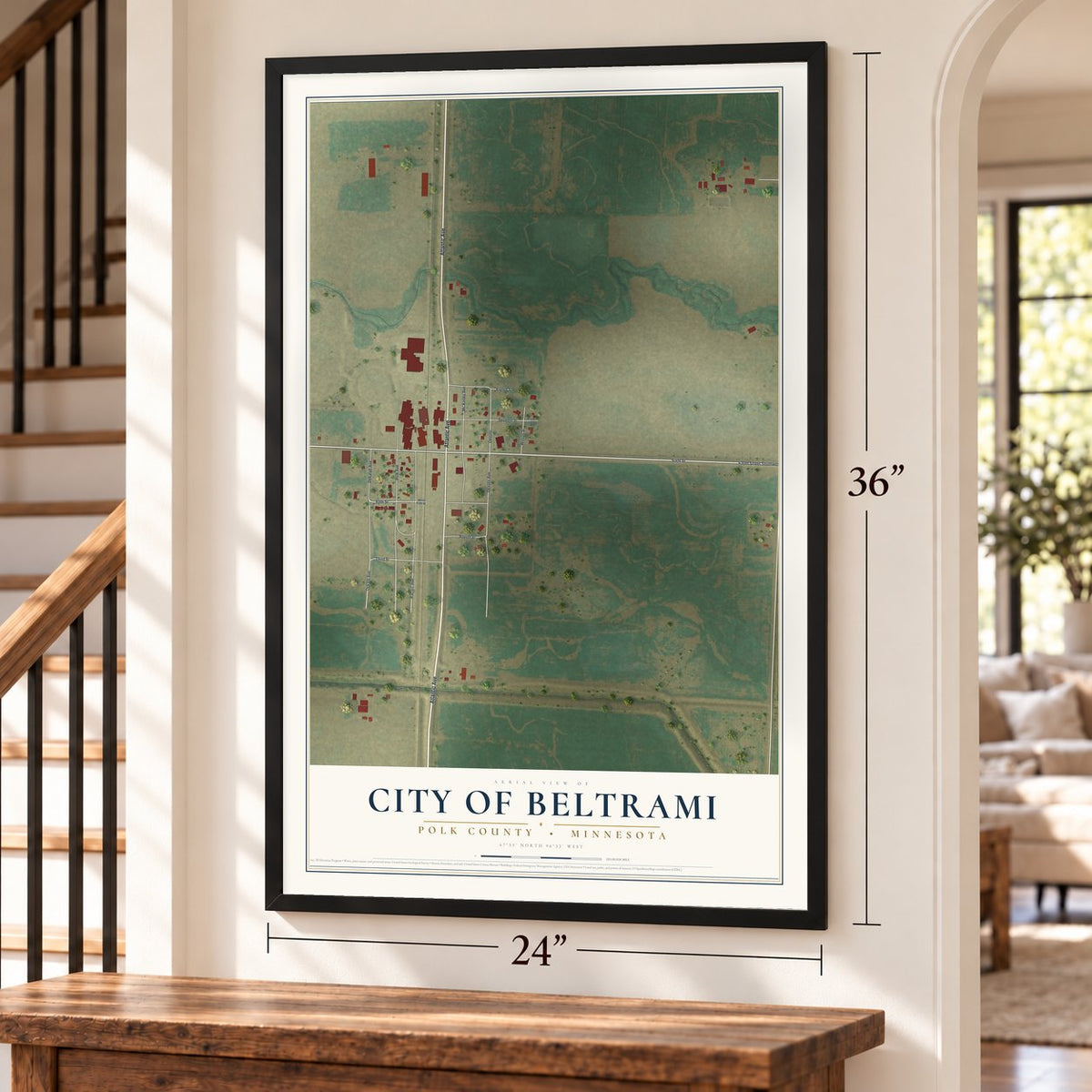 Beltrami, Minnesota map, 24 x 36 inch print in a black frame by a staircase
