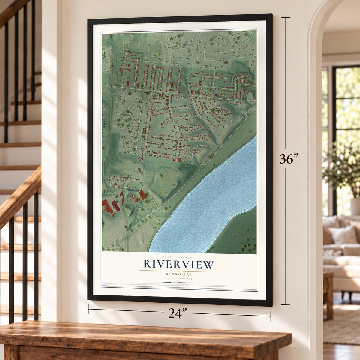 Riverview, Missouri map, 24 x 36 inch print in a black frame by a staircase