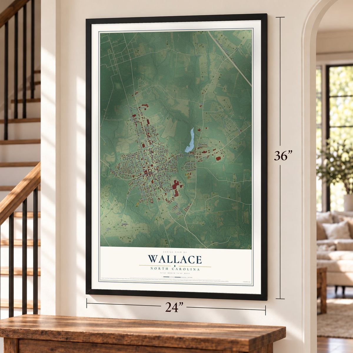 Wallace, North Carolina map, 24 x 36 inch print in a black frame by a staircase