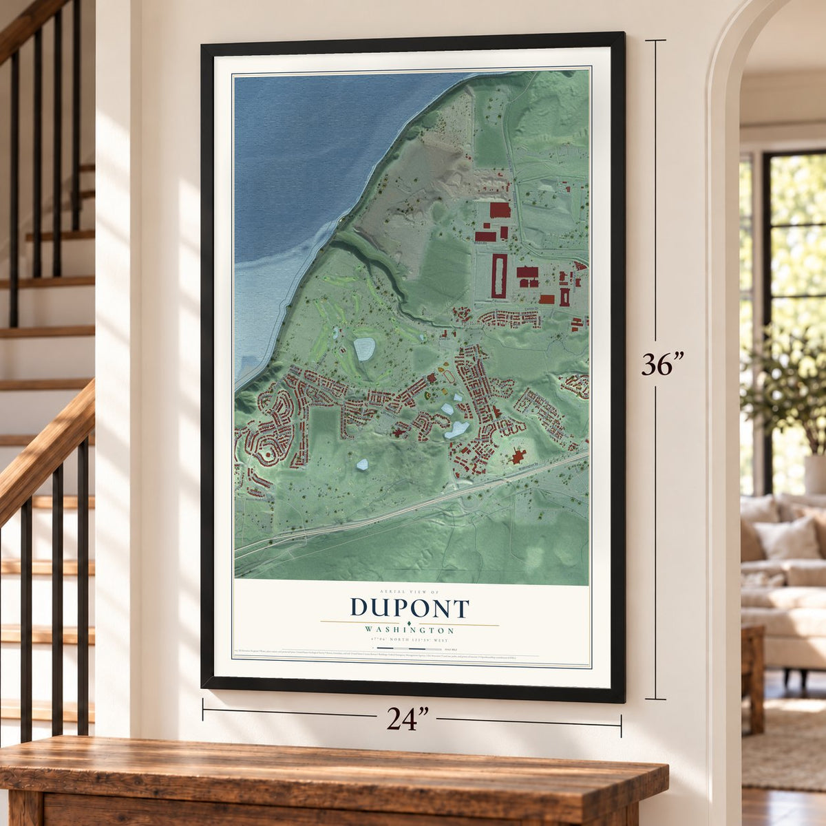 DuPont, Washington map, 24 x 36 inch print in a black frame by a staircase