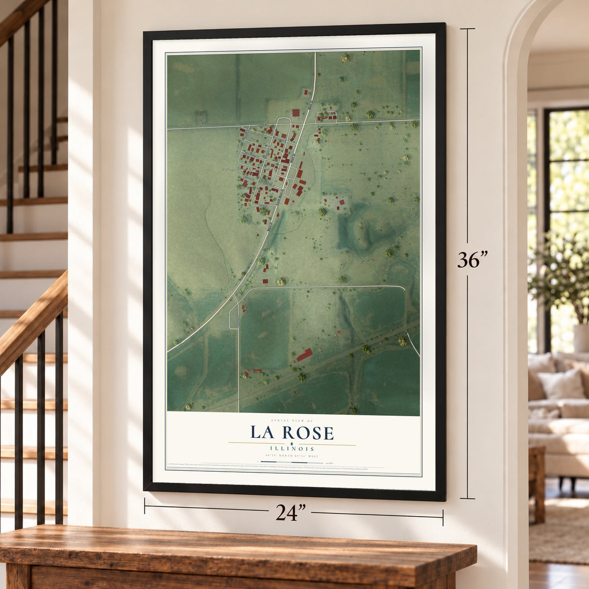 La Rose, Illinois map, 24 x 36 inch print in a black frame by a staircase
