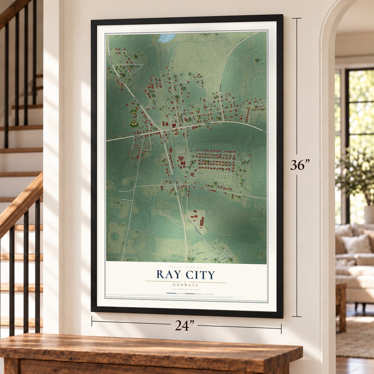 Ray City, Georgia map, 24 x 36 inch print in a black frame by a staircase