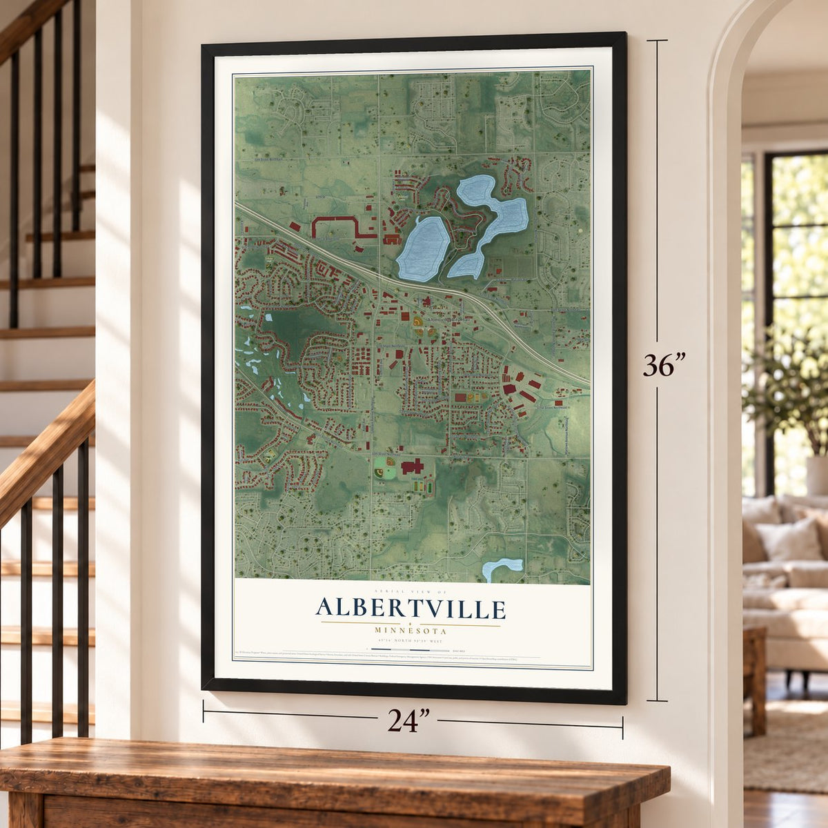 Albertville, Minnesota map, 24 x 36 inch print in a black frame by a staircase