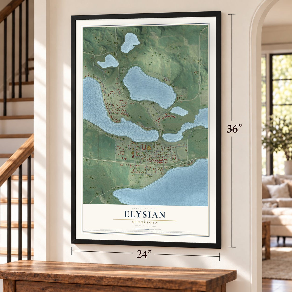 Elysian, Minnesota map, 24 x 36 inch print in a black frame by a staircase
