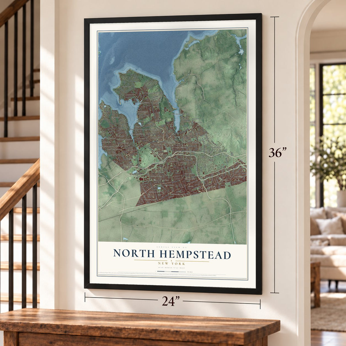 North Hempstead, New York map, 24 x 36 inch print in a black frame by a staircase