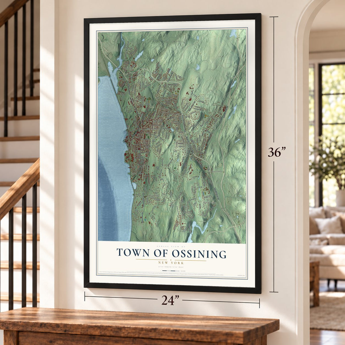 Town of Ossining, New York map, 24 x 36 inch print in a black frame by a staircase
