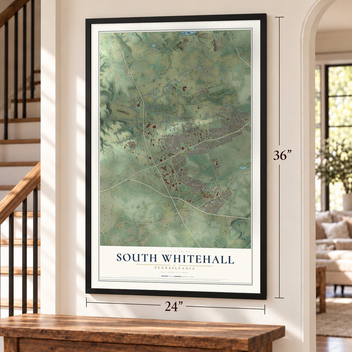 South Whitehall, Pennsylvania map, 24 x 36 inch print in a black frame by a staircase