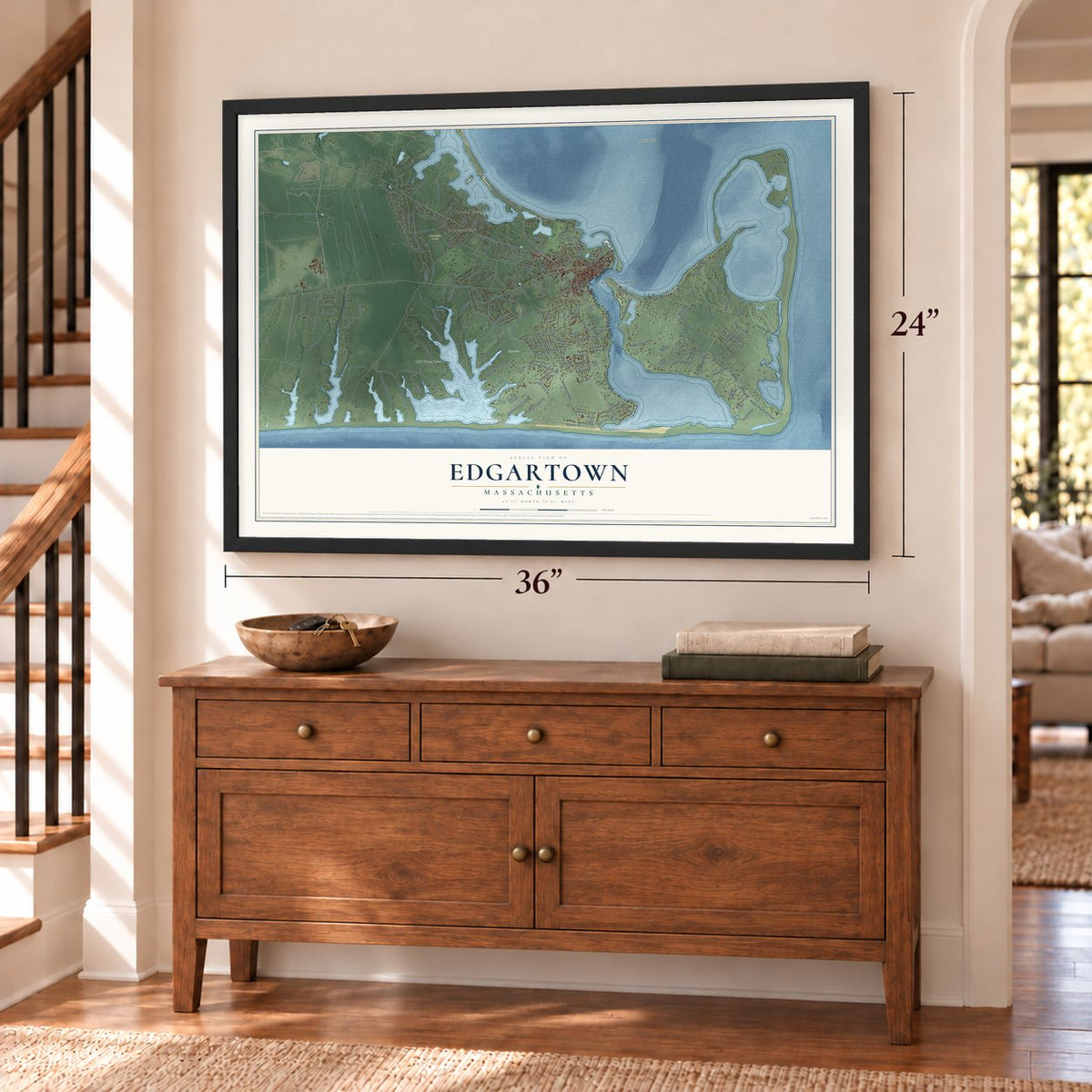 Edgartown, Massachusetts map, 24 x 36 inch print in a black frame above a dresser by a staircase