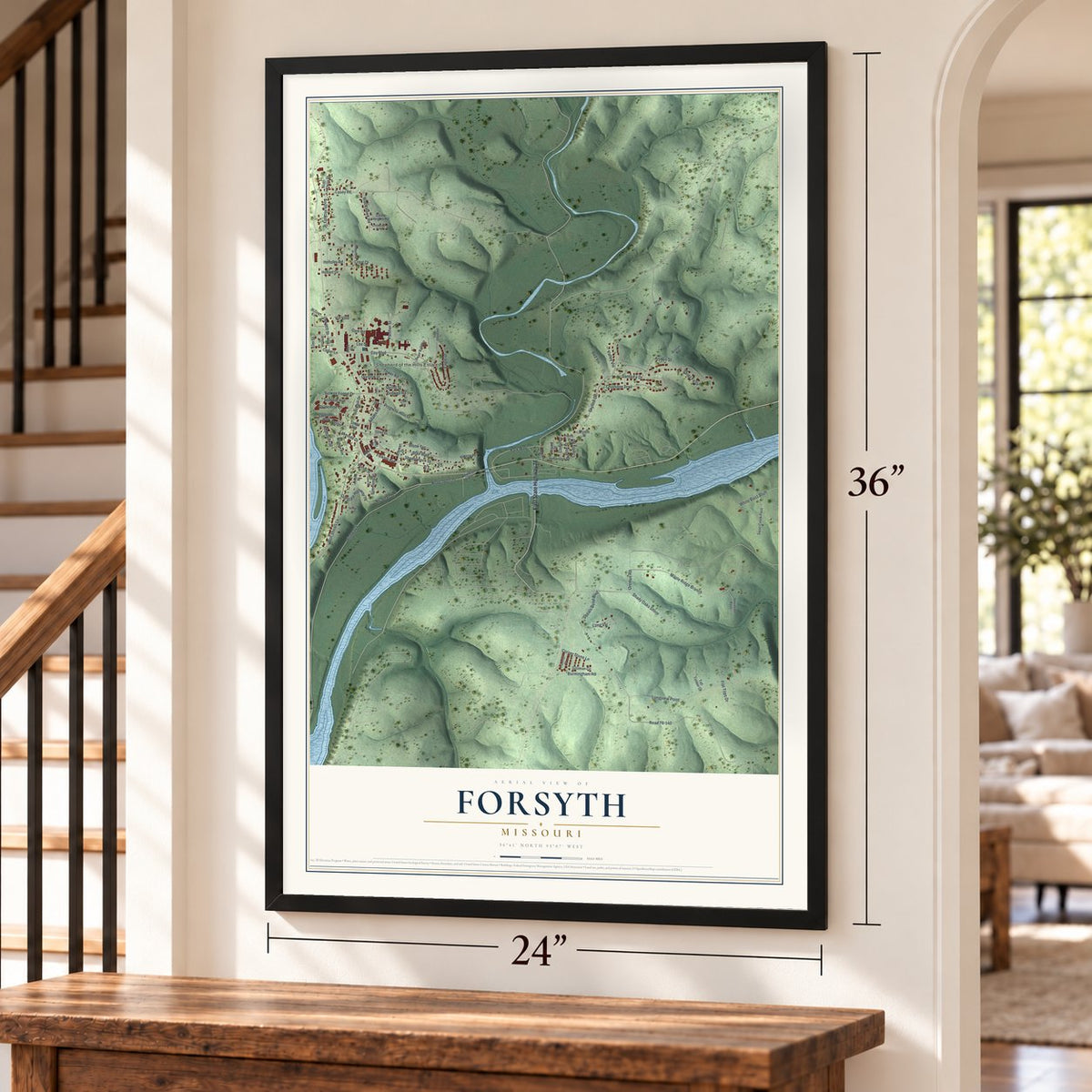Forsyth, Missouri map, 24 x 36 inch print in a black frame by a staircase