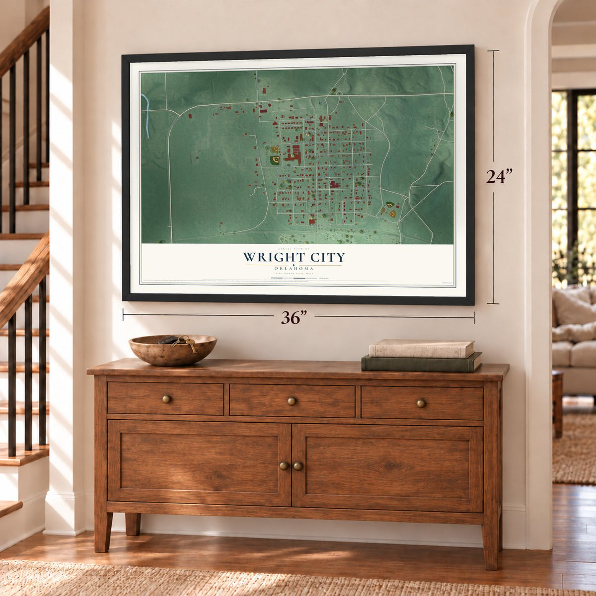 Wright City, Oklahoma map, 24 x 36 inch print in a black frame above a dresser by a staircase