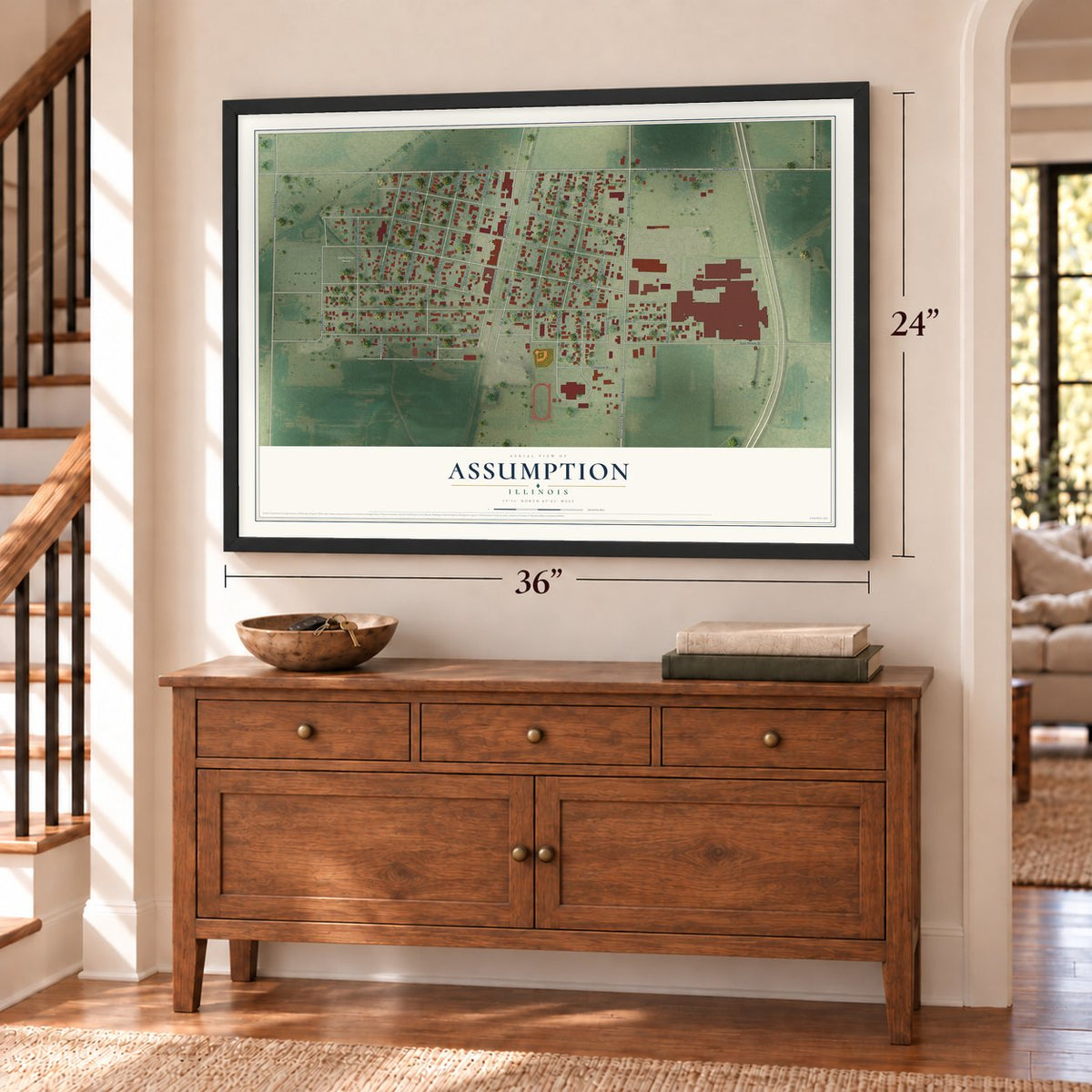 Assumption, Illinois map, 24 x 36 inch print in a black frame above a dresser by a staircase