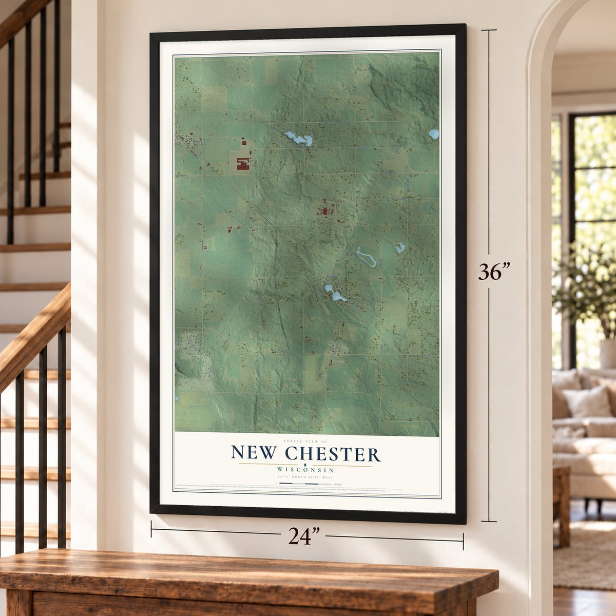 New Chester, Wisconsin map, 24 x 36 inch print in a black frame by a staircase