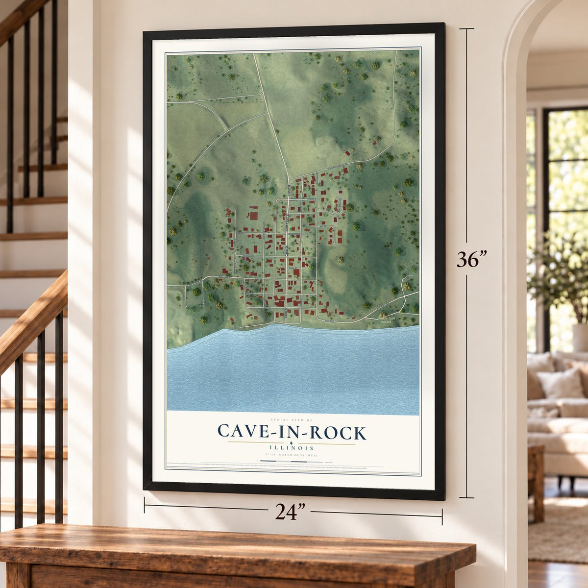 Cave-In-Rock, Illinois map, 24 x 36 inch print in a black frame by a staircase