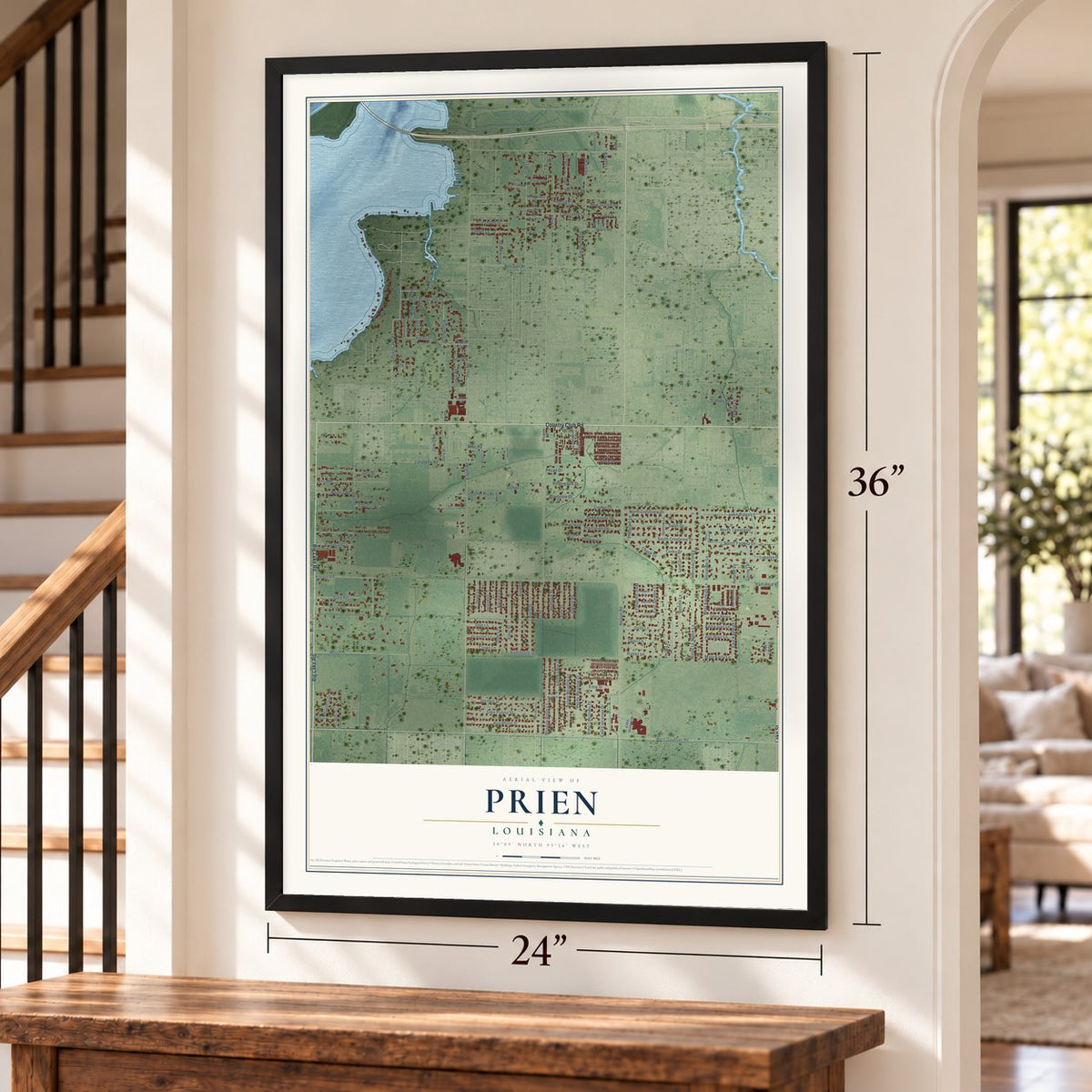Prien, Louisiana map, 24 x 36 inch print in a black frame by a staircase