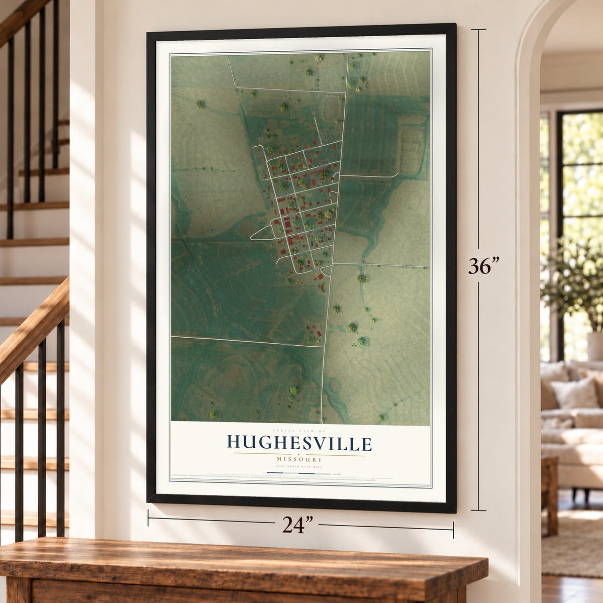 Hughesville, Missouri map, 24 x 36 inch print in a black frame by a staircase