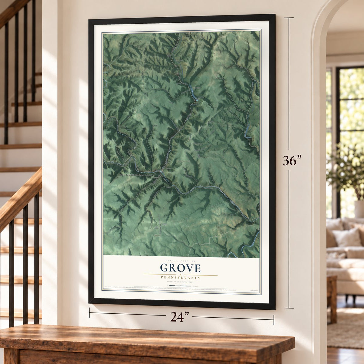 Grove, Pennsylvania map, 24 x 36 inch print in a black frame by a staircase