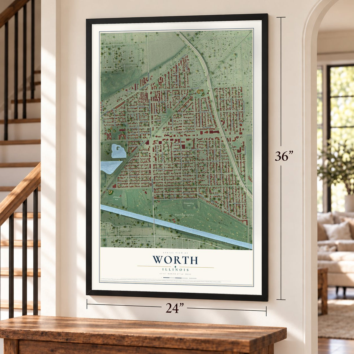 Worth, Illinois map, 24 x 36 inch print in a black frame by a staircase