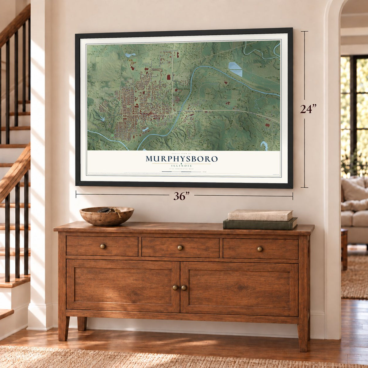 Murphysboro, Illinois map, 24 x 36 inch print in a black frame above a dresser by a staircase