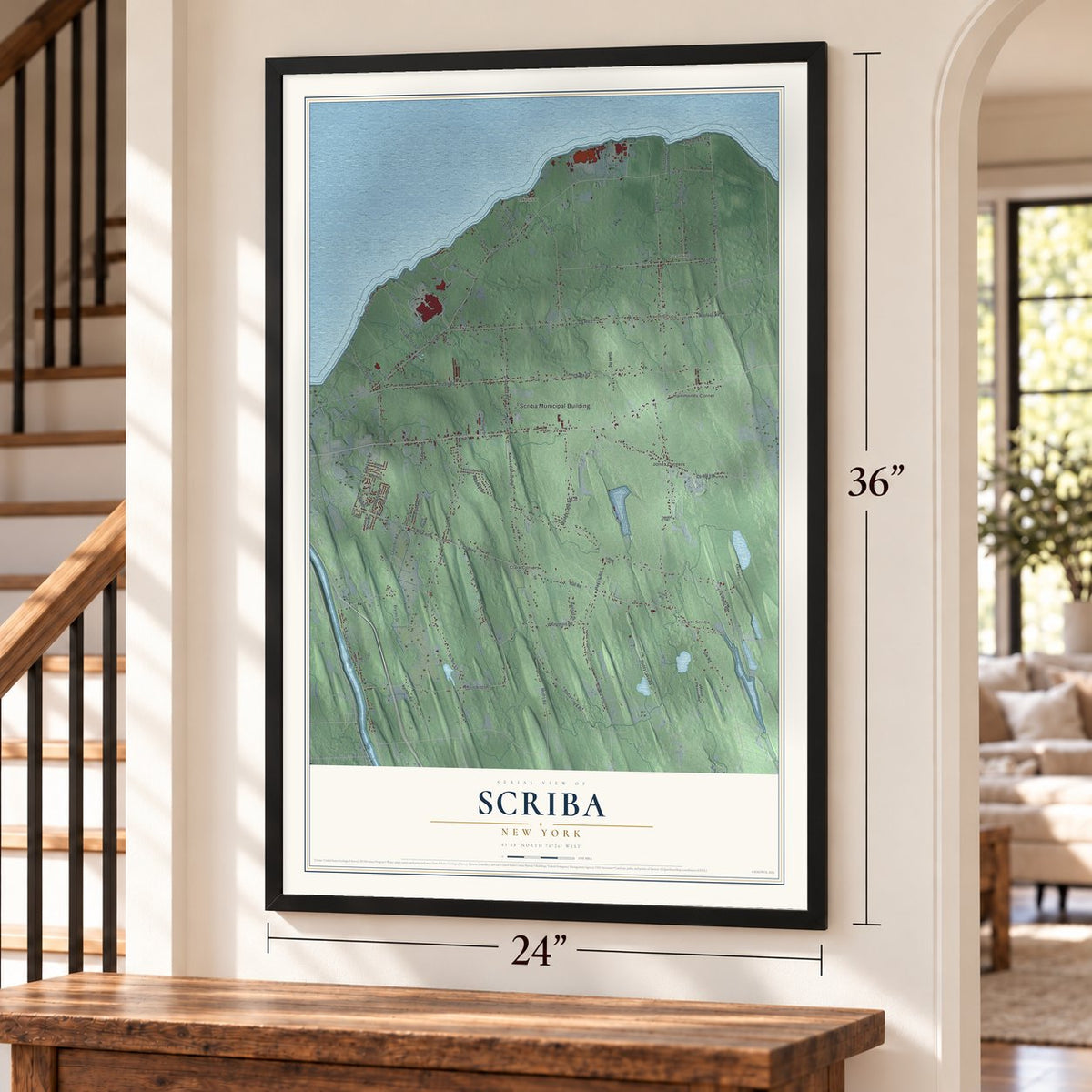 Scriba, New York map, 24 x 36 inch print in a black frame by a staircase