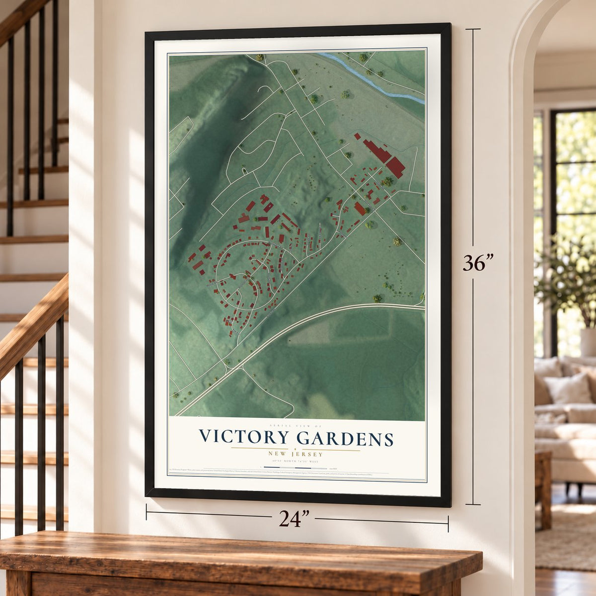 Victory Gardens, New Jersey map, 24 x 36 inch print in a black frame by a staircase