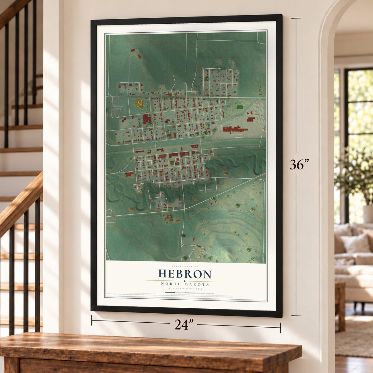 Hebron, North Dakota map, 24 x 36 inch print in a black frame by a staircase