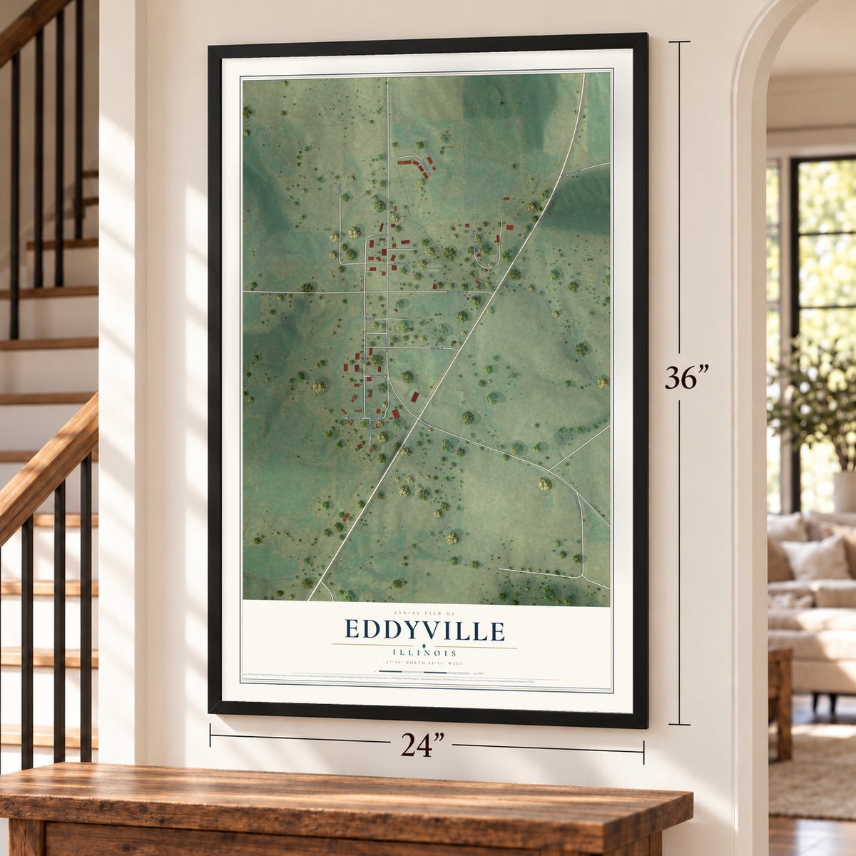 Eddyville, Illinois map, 24 x 36 inch print in a black frame by a staircase