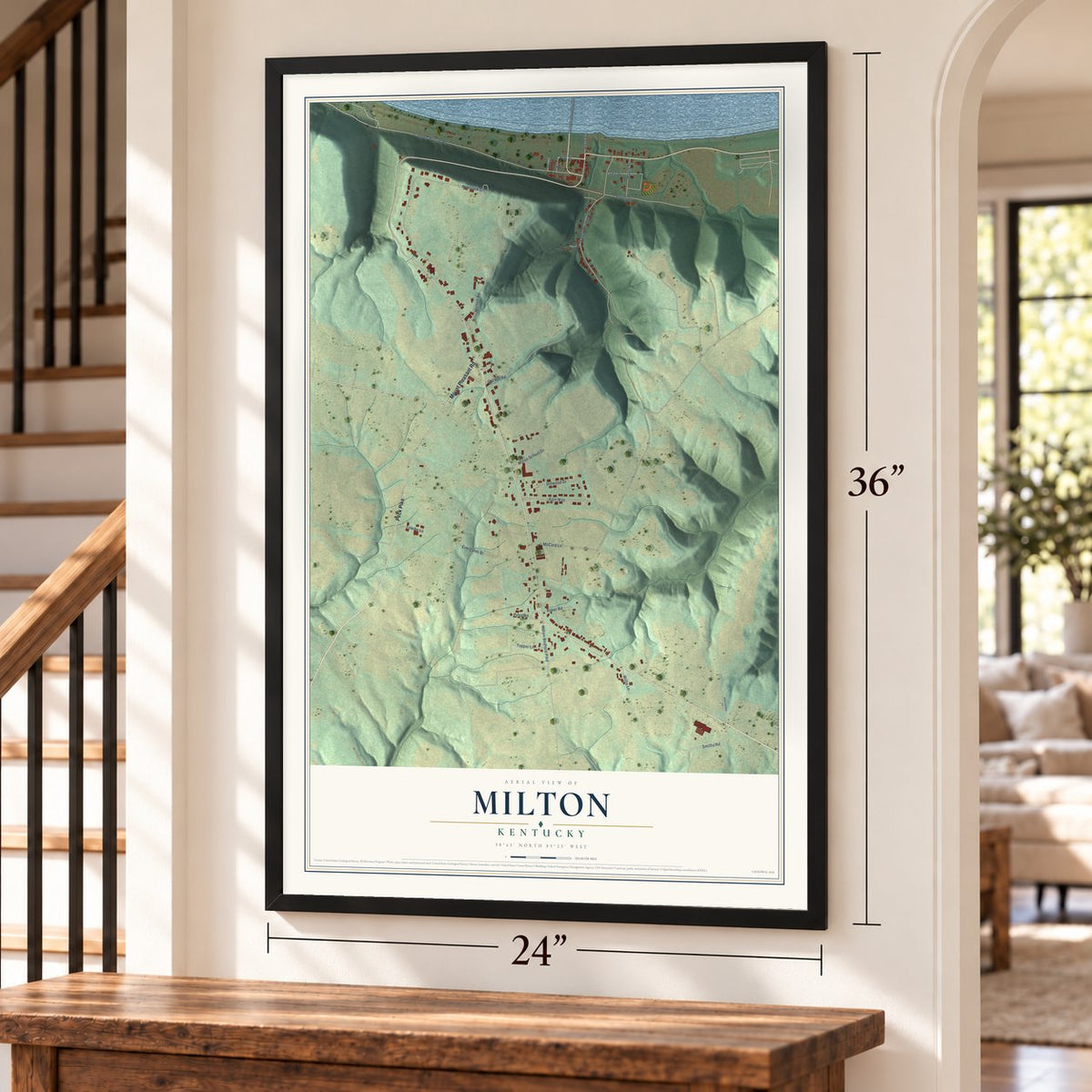 Milton, Kentucky map, 24 x 36 inch print in a black frame by a staircase