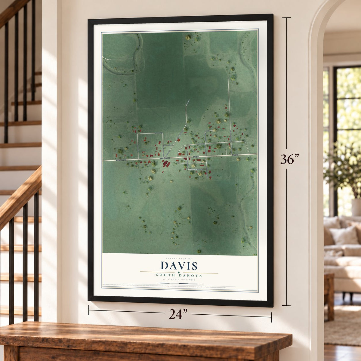 Davis, South Dakota map, 24 x 36 inch print in a black frame by a staircase
