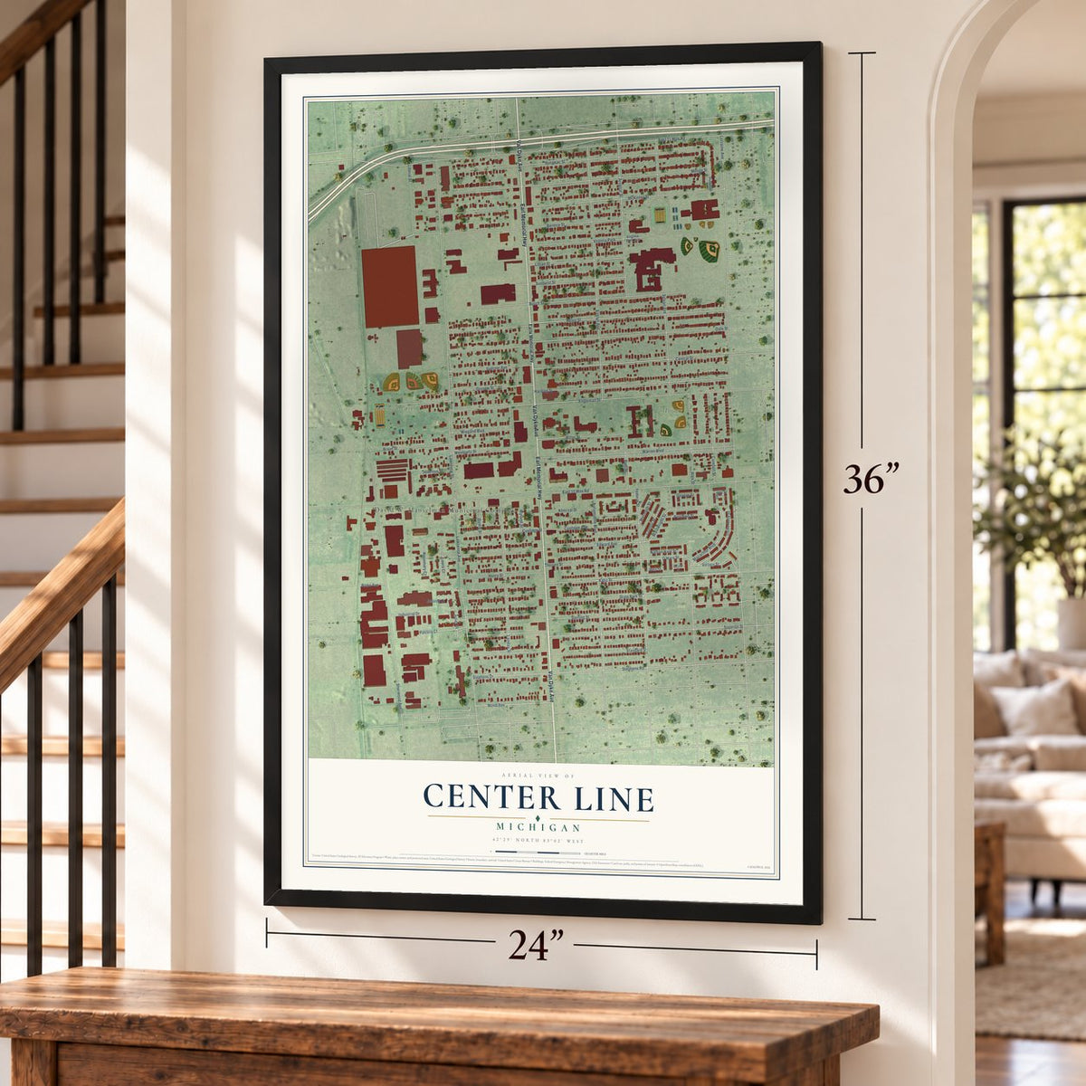 Center Line, Michigan map, 24 x 36 inch print in a black frame by a staircase