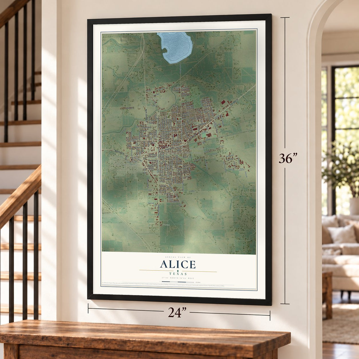 Alice, Texas map, 24 x 36 inch print in a black frame by a staircase