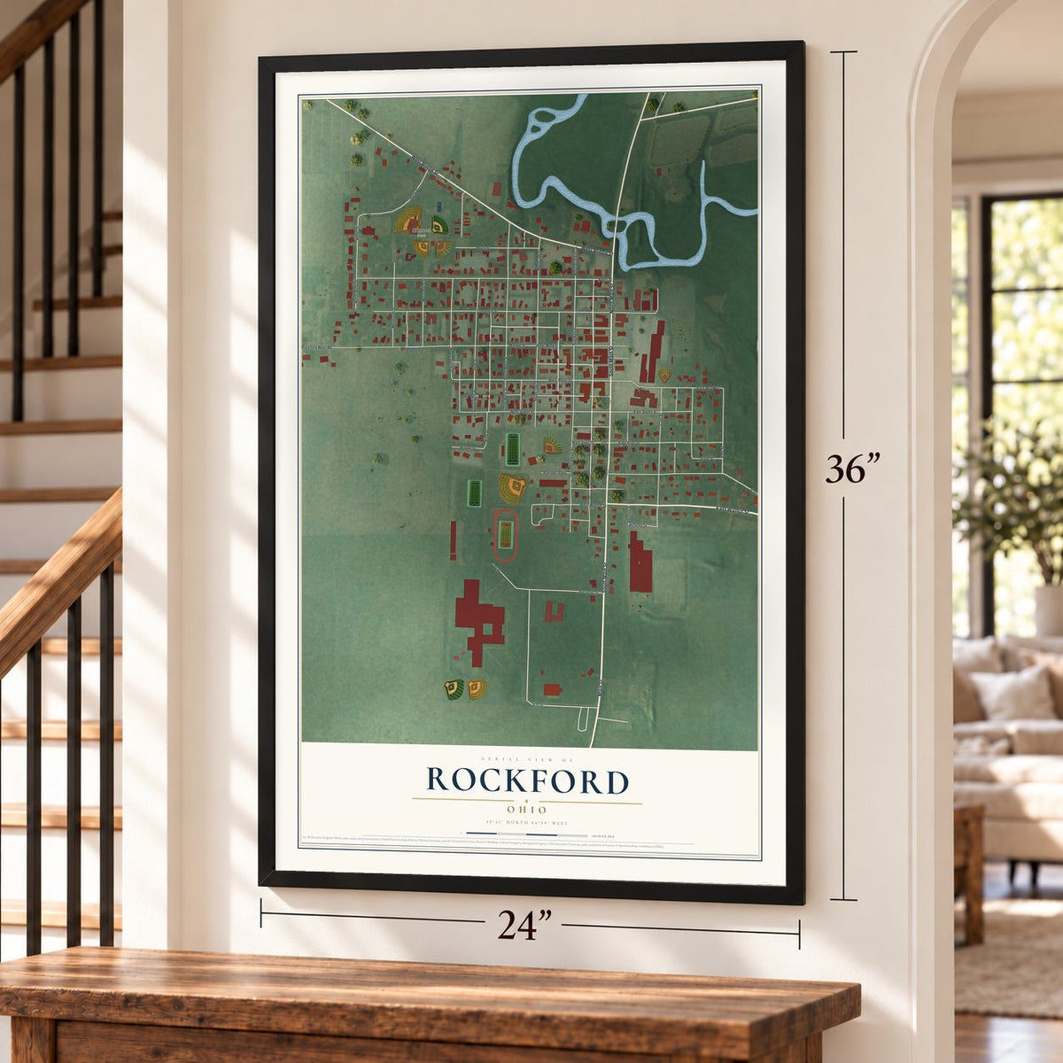 Rockford, Ohio map, 24 x 36 inch print in a black frame by a staircase