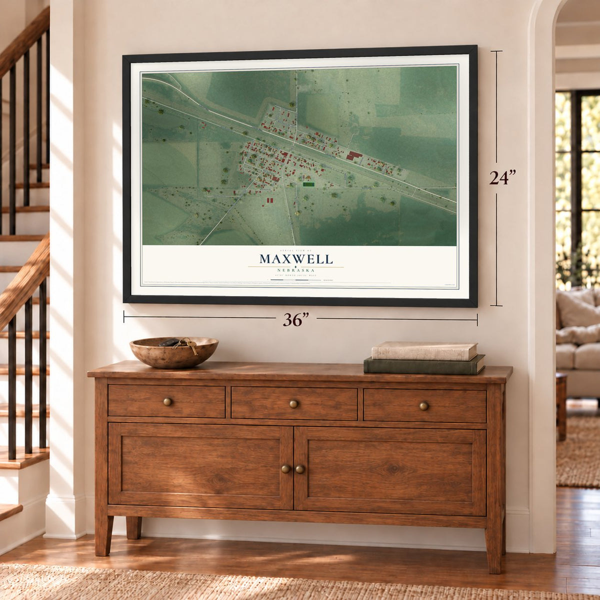 Maxwell, Nebraska map, 24 x 36 inch print in a black frame above a dresser by a staircase